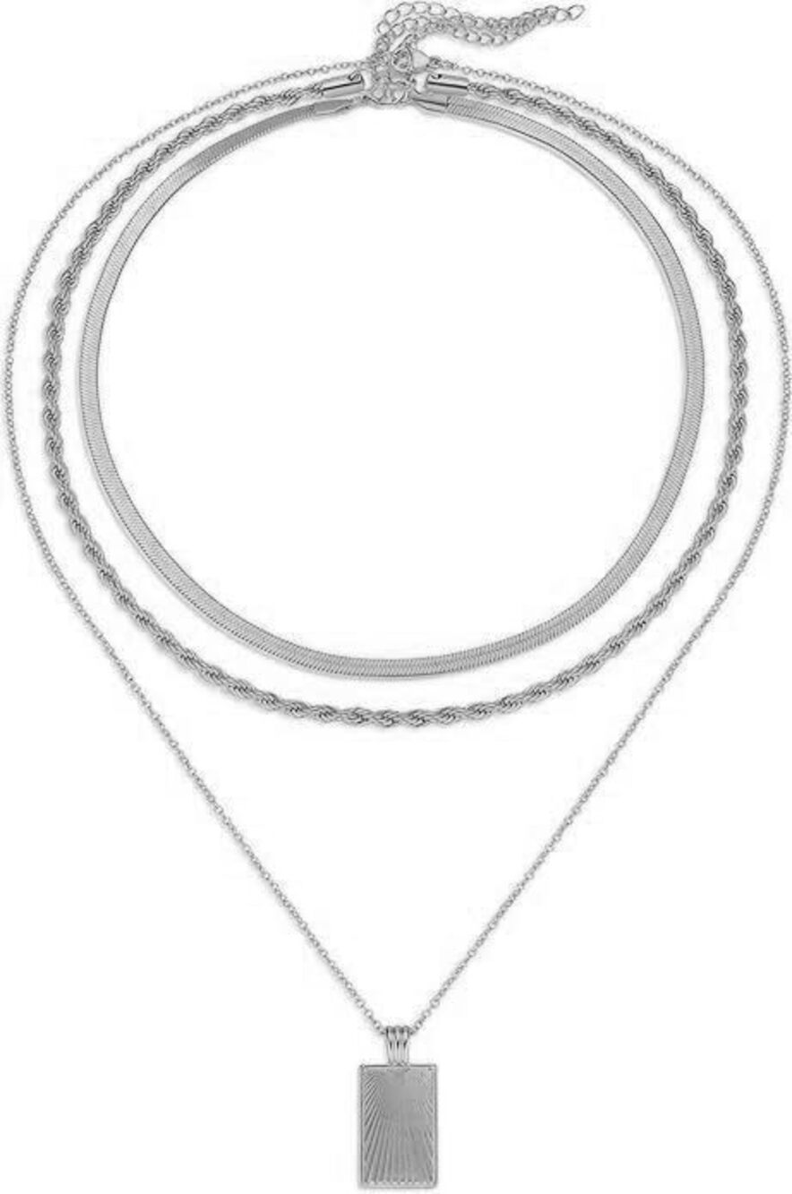 1937 Silver Layered Necklace Trendy Jewelry 18K White Gold Plated Chunky